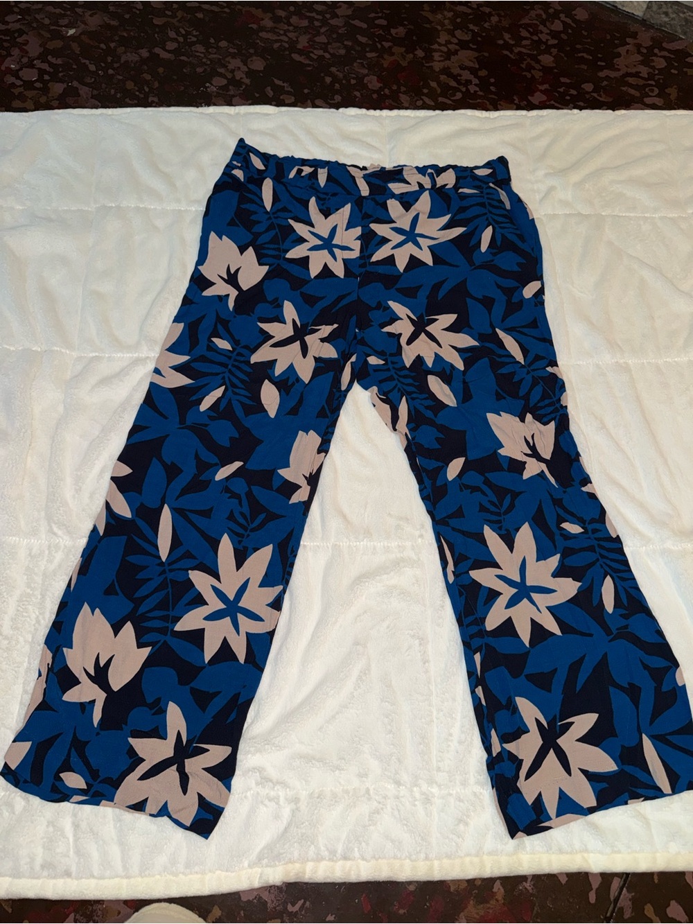 LOFT Blue and Tan Floral Wide-Leg Pants